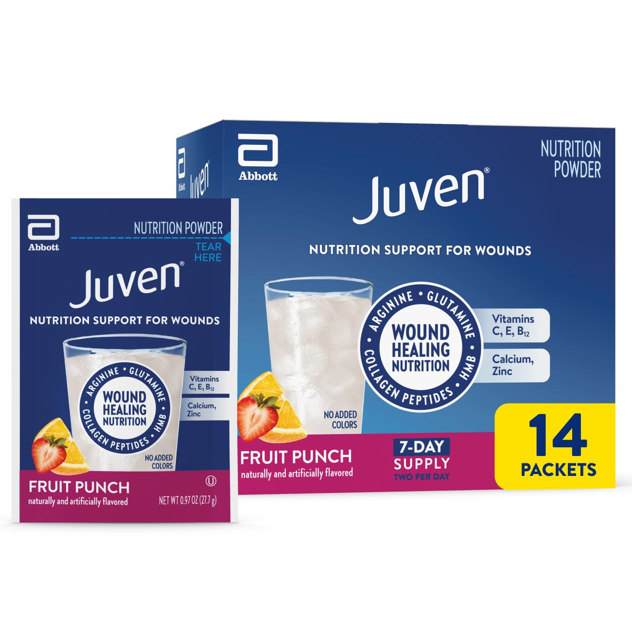 Juven Therapeutic Nutrition Drink Powder Including Collagen Peptides, Amino Acids, and HMB For Wound Healing Support, Fruit Punch, 30 Packets