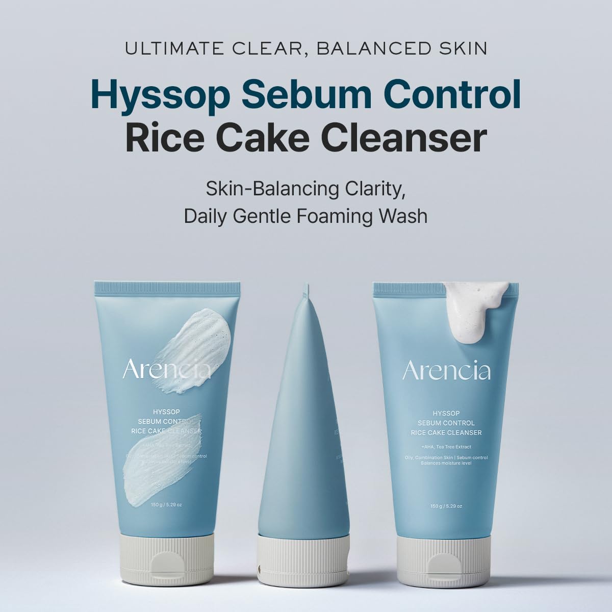 ARENCIA Hyssop Sebum Control Rice Cake Cleanser, 5.29 oz, AHA Tea Tree Face Wash for Oily Combination Skin
