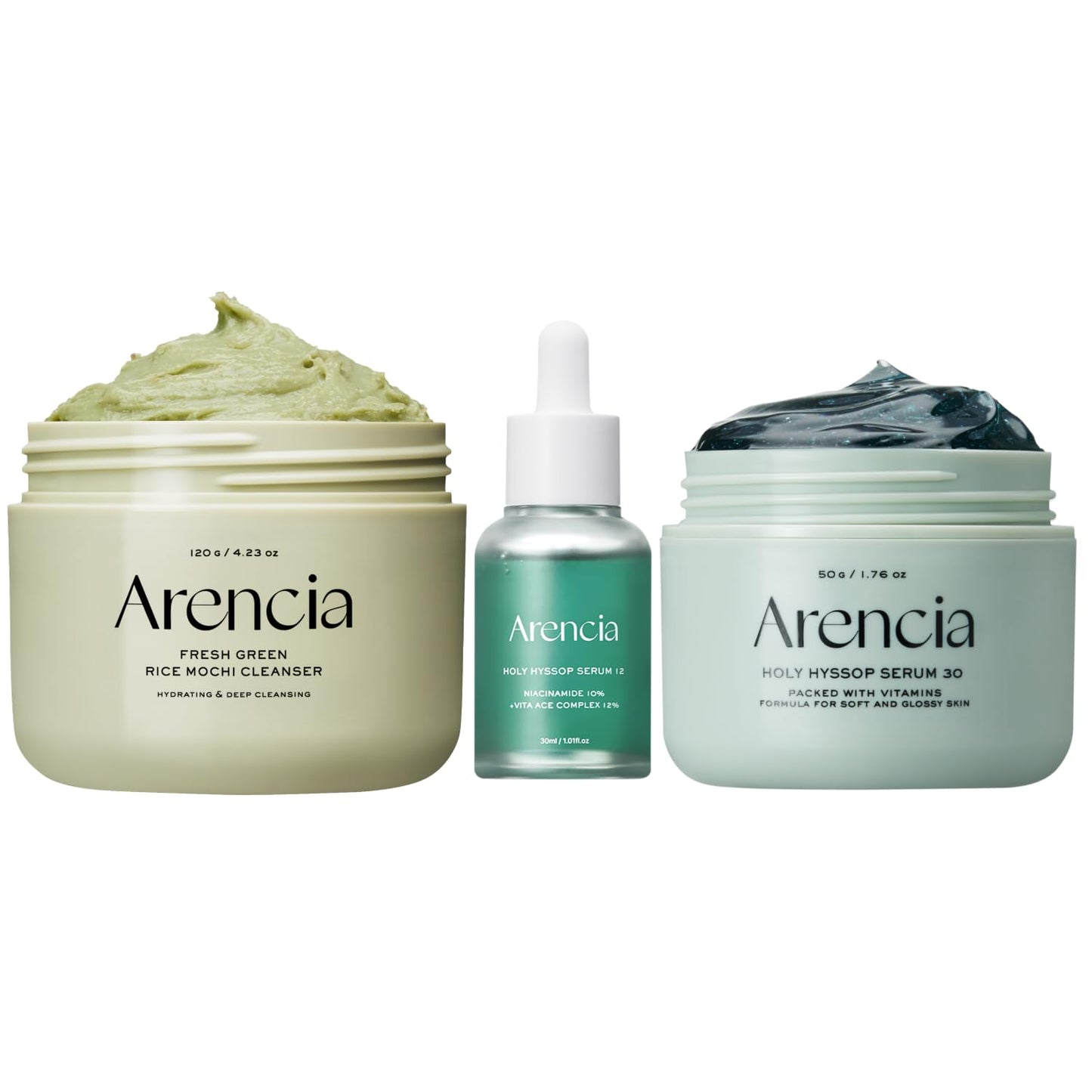 Arencia Glass Skin Starter Trio - Spotless Skin Routine [Korean Rice Mochi Facial Cleanser + Glow Hyssop Overnight Mask Serum + Hyssop serum 12]