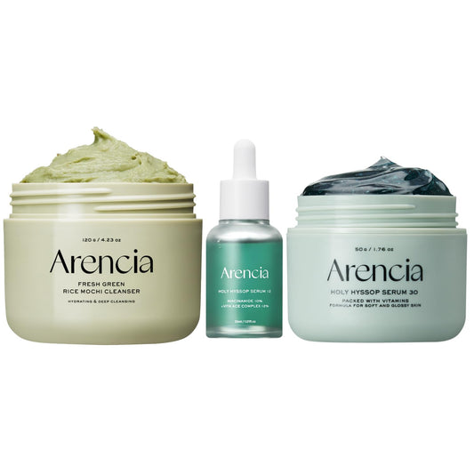 Arencia Glass Skin Starter Trio - Spotless Skin Routine [Korean Rice Mochi Facial Cleanser + Glow Hyssop Overnight Mask Serum + Hyssop serum 12]