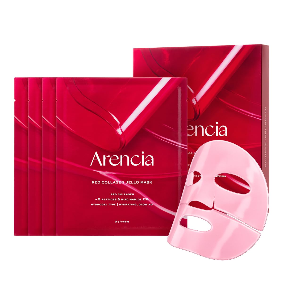 ARENCIA Red Collagen Jello Mask, Plump & Hydrating x 4ea, Overnight Hydrogel Mask for Dry, Mature Skin, Packed with Collagen, 5 Peptides, 2% Niacinamide