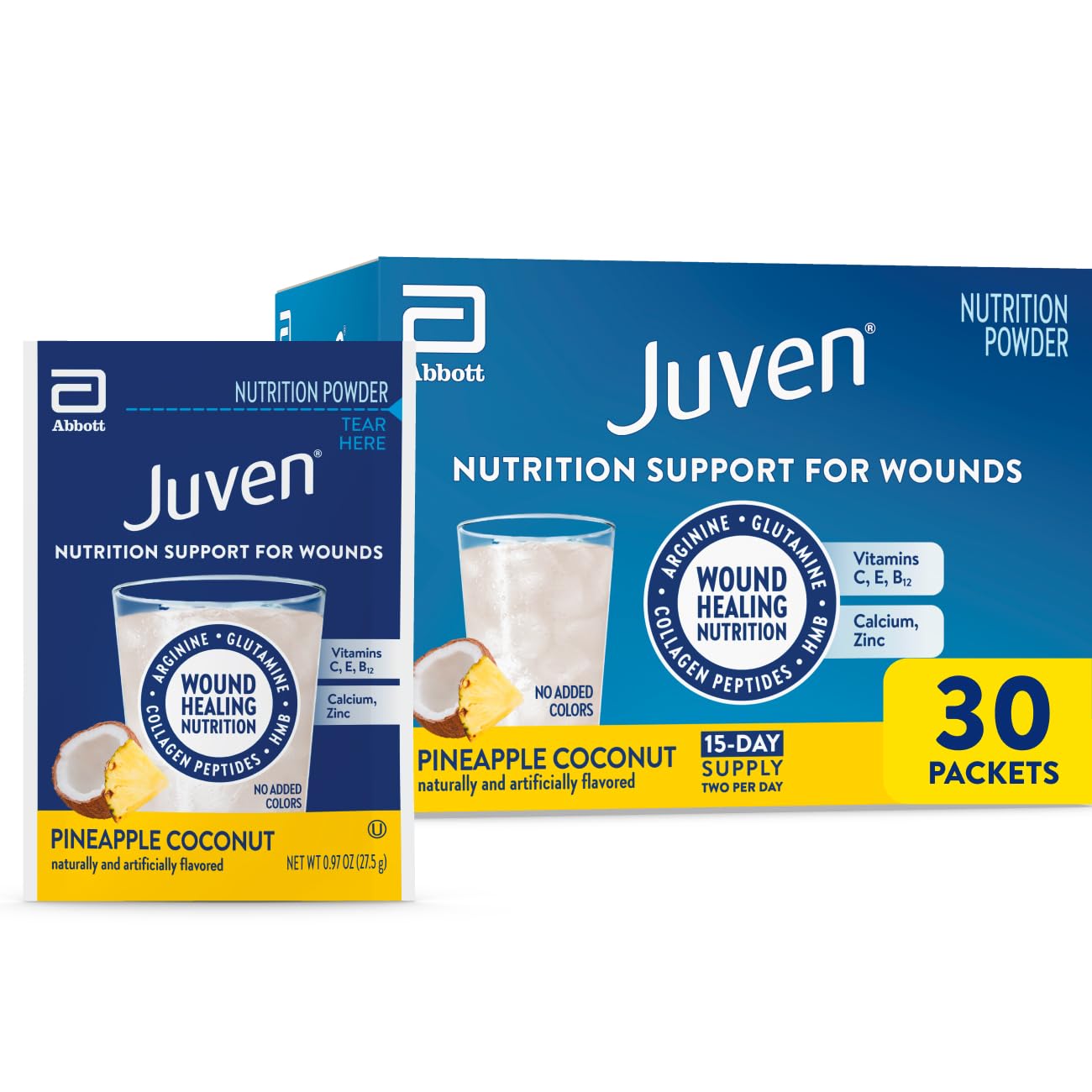 Juven Therapeutic Nutrition Drink Powder Including Collagen Peptides, Amino Acids, and HMB For Wound Healing Support, Fruit Punch, 30 Packets