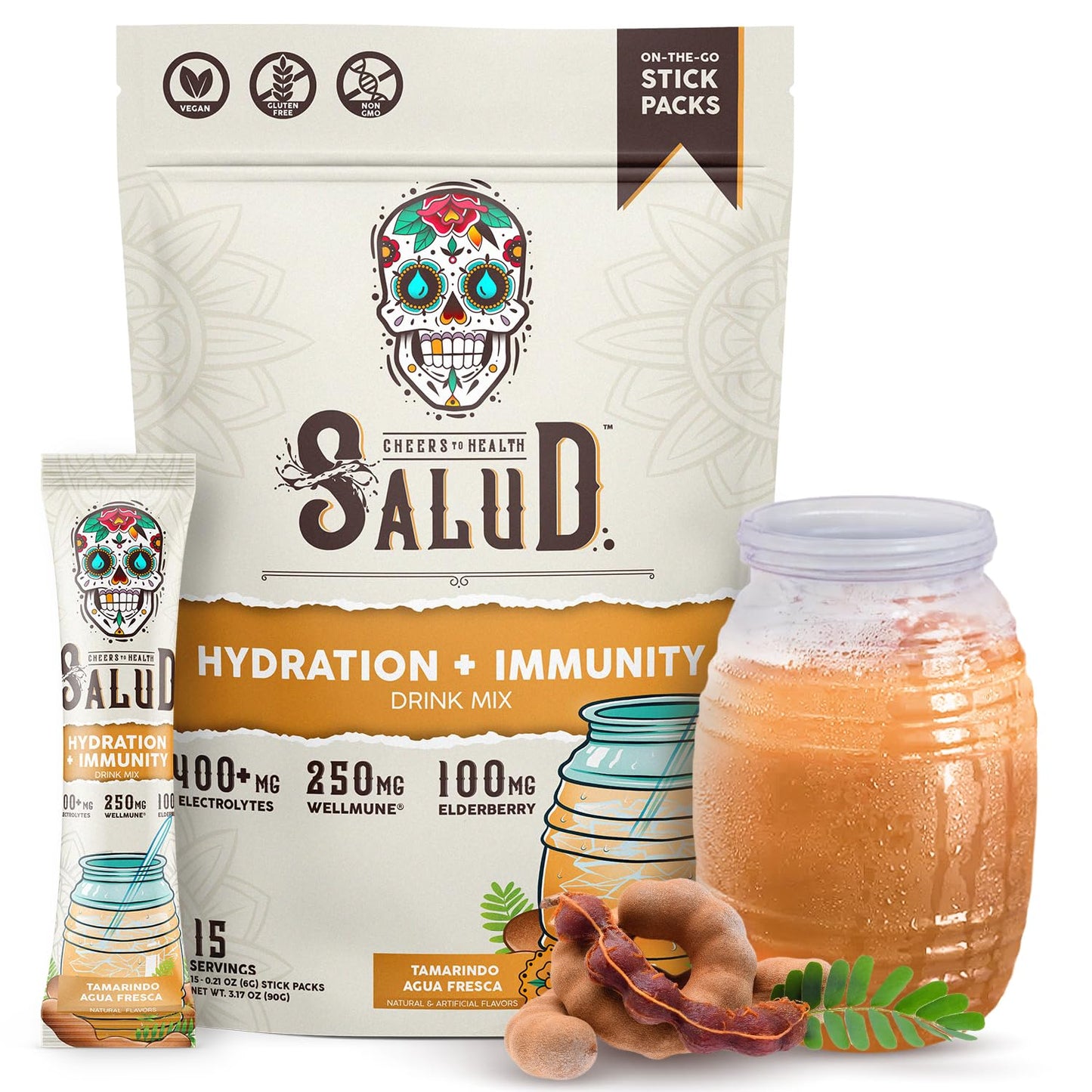 Salud 2-in-1 Hydration Packets + Immunity Electrolytes Powder, Horchata - Agua Fresca Drink Mix, Elderberry, Dairy & Soy Free, Non-GMO, Gluten Free, Vegan, Low Calorie, 1g Sugar (15 Servings)