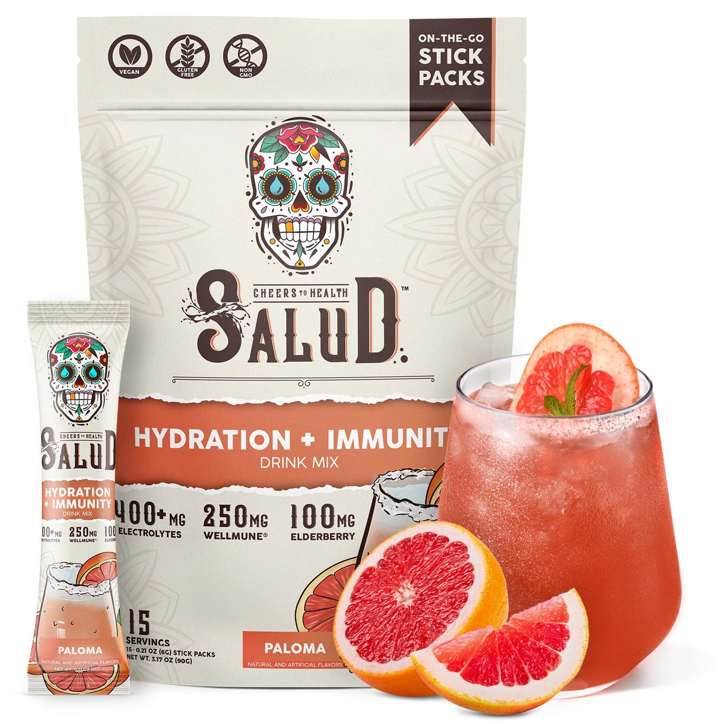 Salud 2-in-1 Hydration Packets + Immunity Electrolytes Powder, Horchata - Agua Fresca Drink Mix, Elderberry, Dairy & Soy Free, Non-GMO, Gluten Free, Vegan, Low Calorie, 1g Sugar (15 Servings)