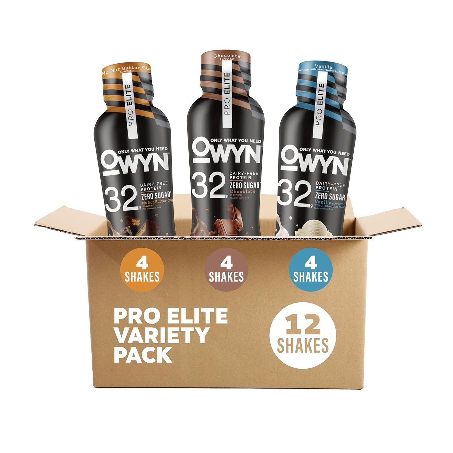 OWYN Only What You Need Pro Elite 32g Protein Shake Variety Pack, 12 Ct | No Nut Buttercup, Chocolate, Vanilla, 32g Protein, Zero Sugar, Dairy Free, Plant Protein, Individual 12fl oz Bottles
