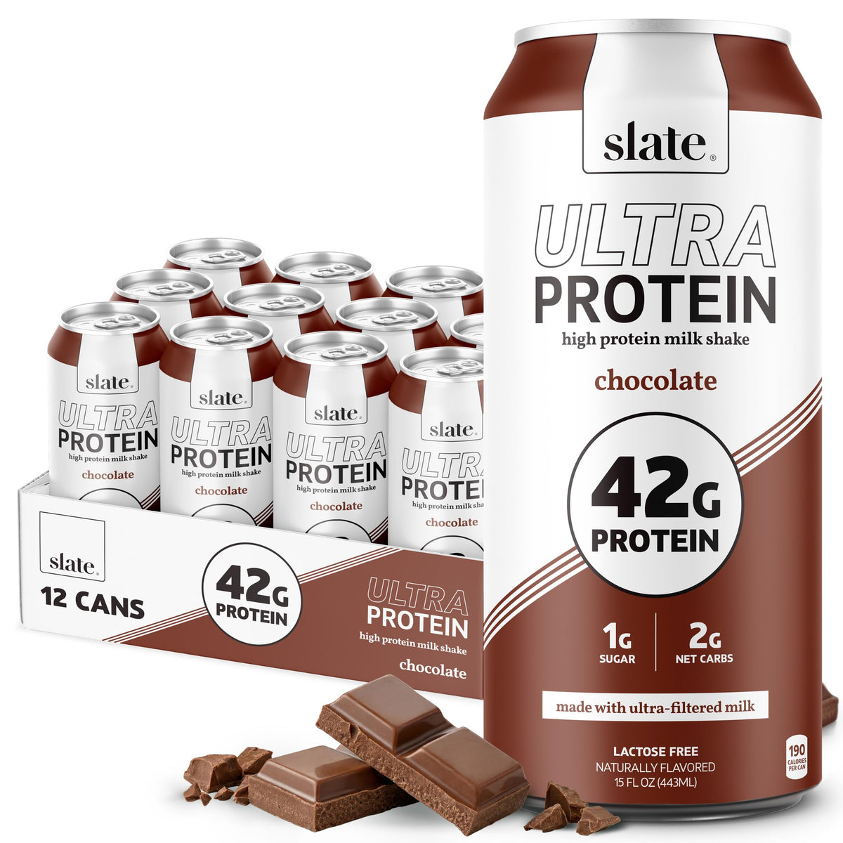 Slate Milk - Ultra Protein Shake - Vanilla - 42g Protein, 1g Sugar, 180 Calories, 1g Net Carbs - Lactose Free, No Added Sugar - Made with Ultra Filtered Milk - Breakfast Boost, Post Workout - 15 fl oz, 12 Cans