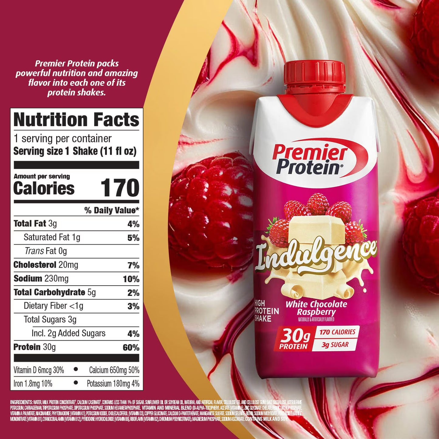 Premier Protein 30g High Protein Shake, Indulgence White Chocolate Raspberry - 15 Pack