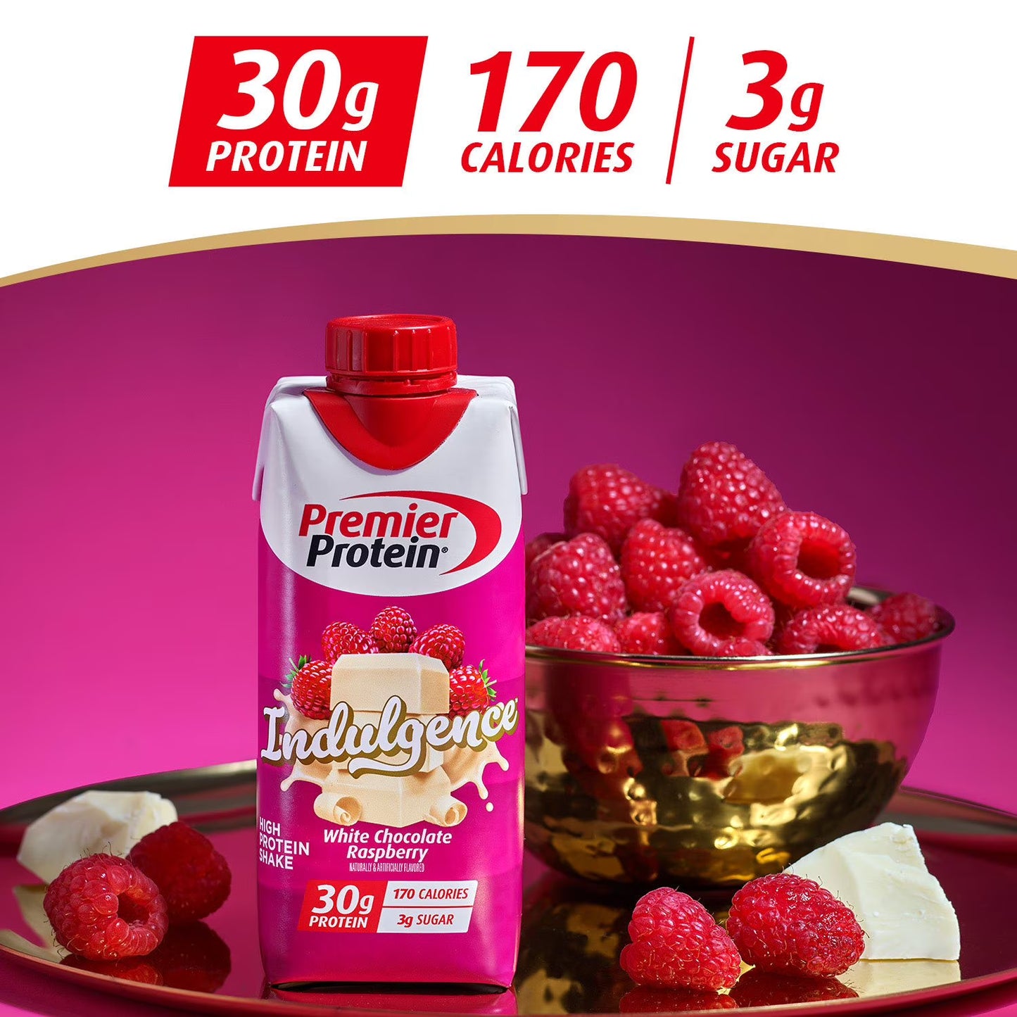 Premier Protein 30g High Protein Shake, Indulgence White Chocolate Raspberry - 15 Pack